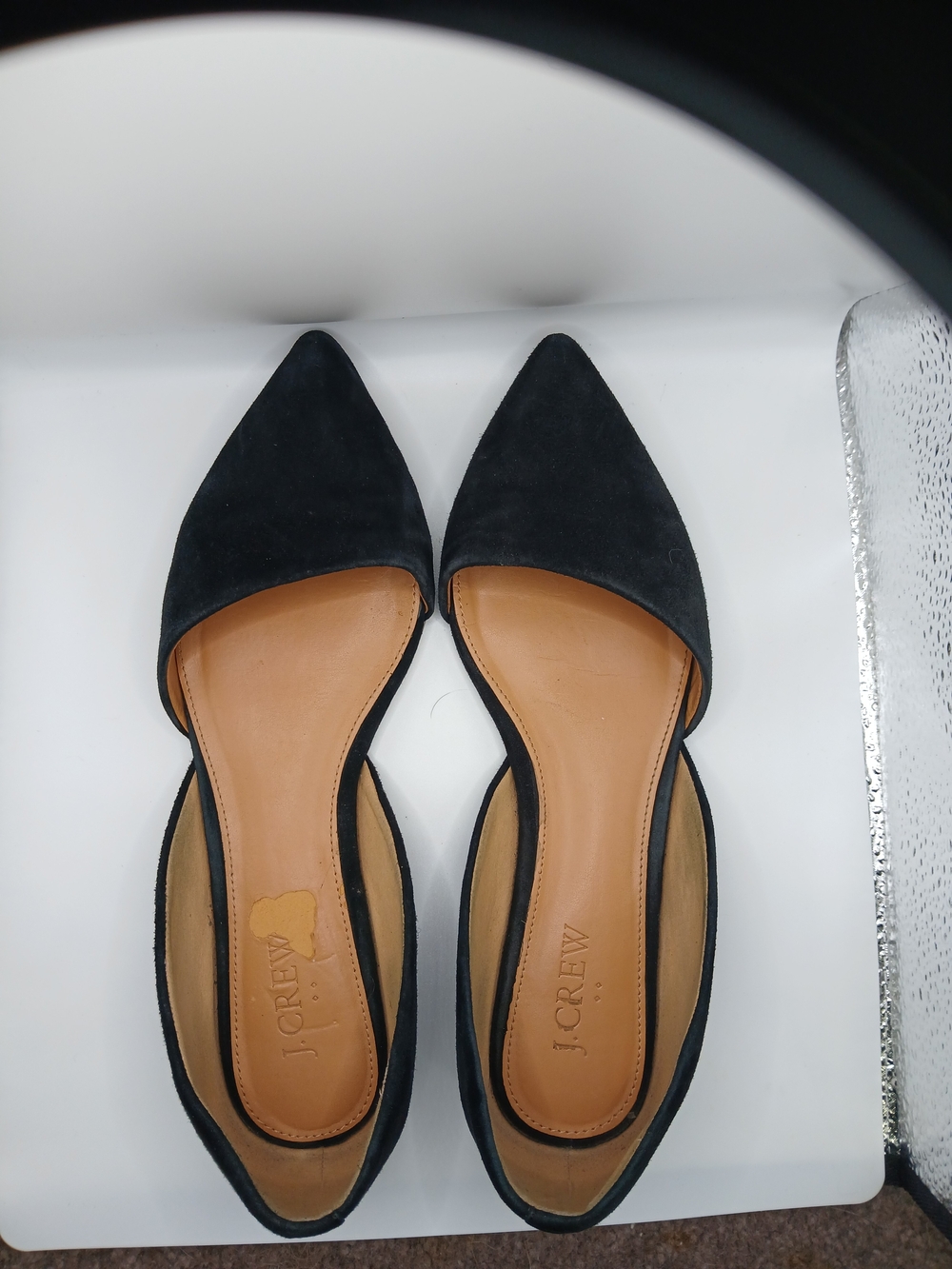 J. Crew Black Suede Pointed D'Orsay Flats with Tan Insole